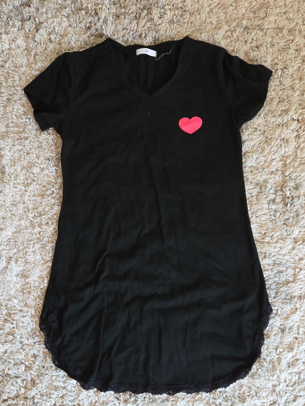 Black V-Neck T-Shirt Nightgown with Pink Heart